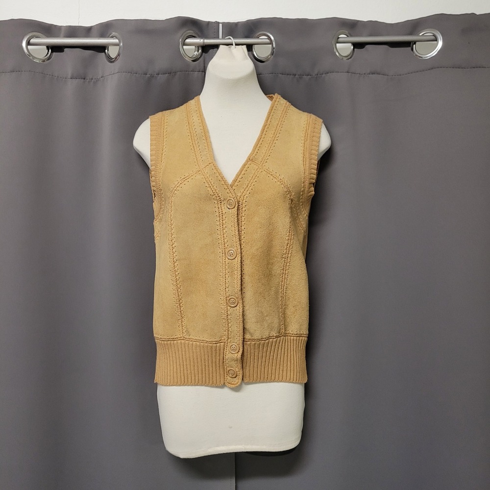 Vintage 70s Tami Sportswear Vest‎ Tan Leather Suede Knit Whipstitch Button Front